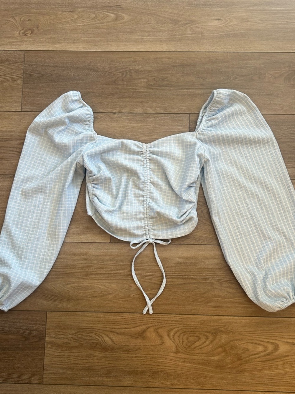 Vestique Blue Stripe Ruched Puff Sleeve Crop Top Medium Cottagecore